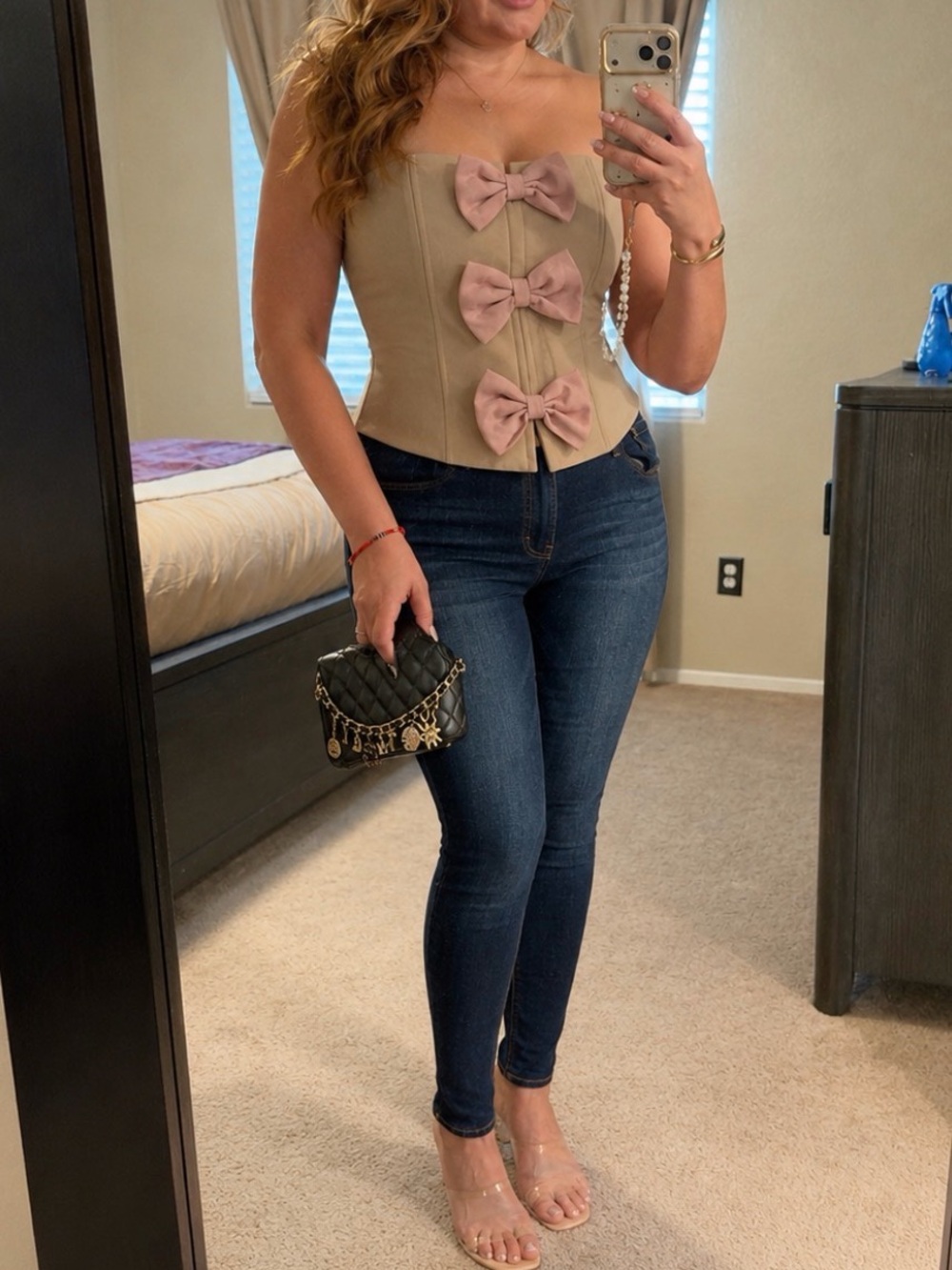 Lulumari Taupe corset  with Blush Pink Bow Details
